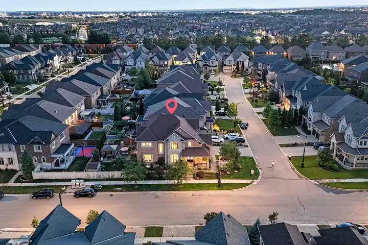 Lit street from the air, listing marked