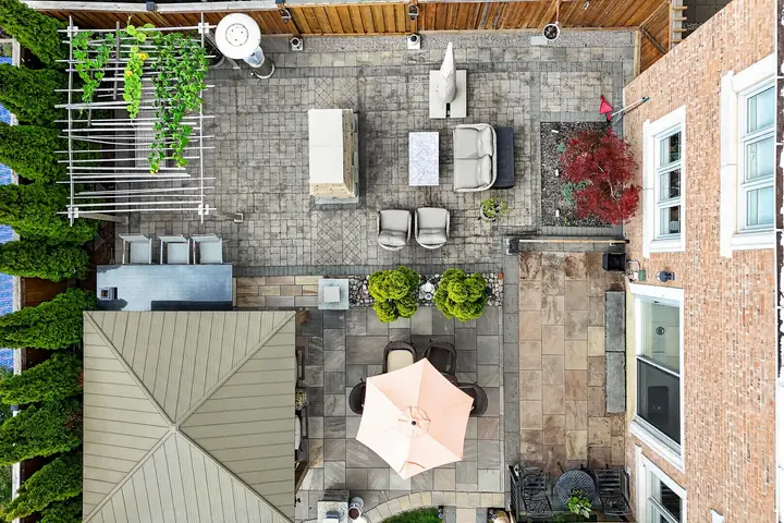 Top-down view of a backyard patio
