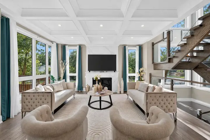Two-storey great room with a coffered ceiling
