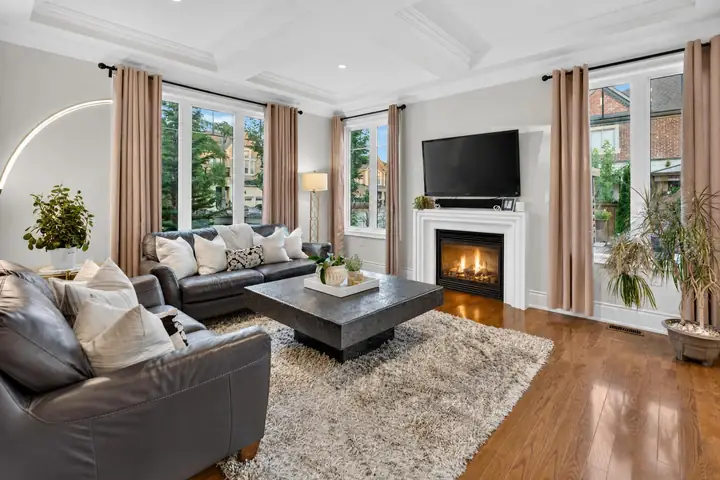 Living room with a fireplace and shag rug