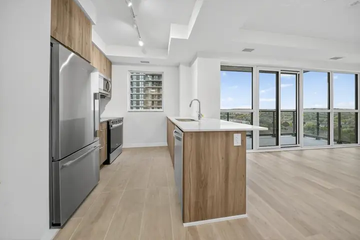 Condo kitchen with a city view