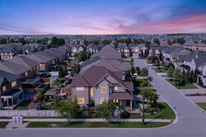 Aerial of a residential street at dusk